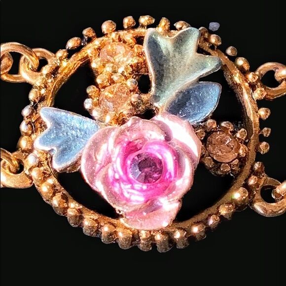 Vintage rose floral enamel open work crystal bracelet Banana Bob sample 8” + - Picture 5 of 11